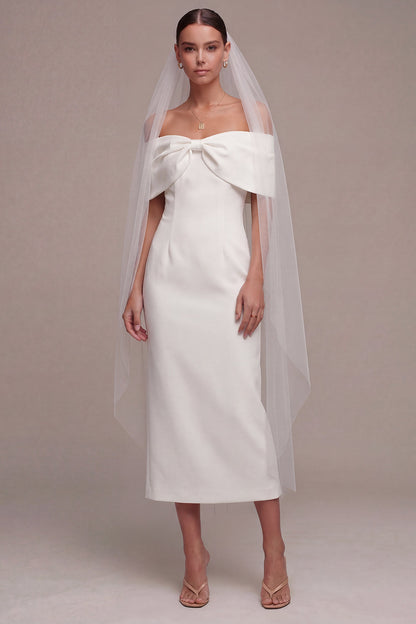 Sheath White Off the Shoulder Maxi Beach Wedding Dress with Bow