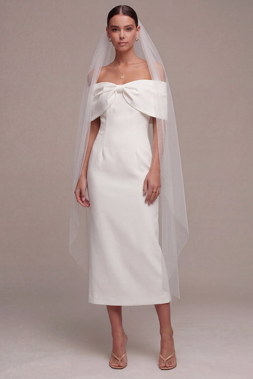 Sheath White Off the Shoulder Maxi Beach Wedding Dress with Bow