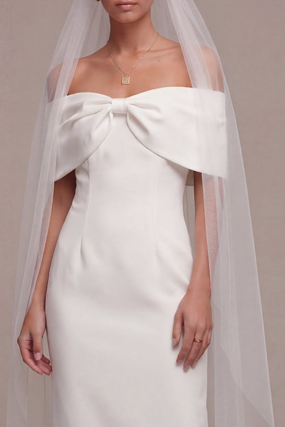 Sheath White Off the Shoulder Maxi Beach Wedding Dress with Bow