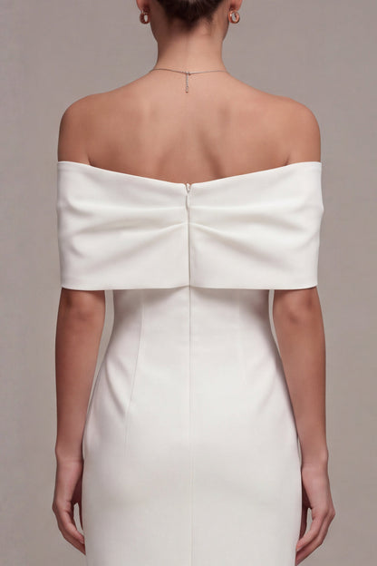 Sheath White Off the Shoulder Maxi Beach Wedding Dress with Bow