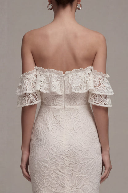Asymmetrical Bodycon White Off the Shoulder Boho Wedding Dress with Ruffles