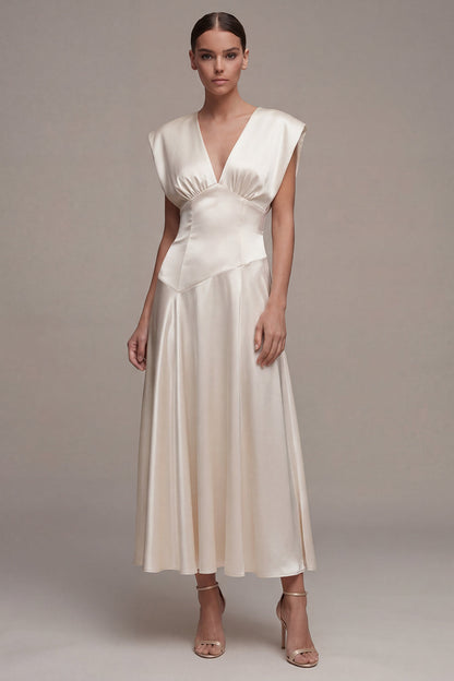 Simple A Line V-Neck Maxi Ivory Beach Wedding Dress