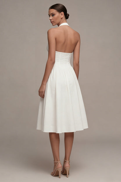 A Line Halter Midi Corset White Beach Wedding Dress