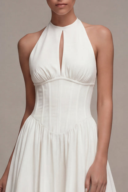 A Line Halter Midi Corset White Beach Wedding Dress