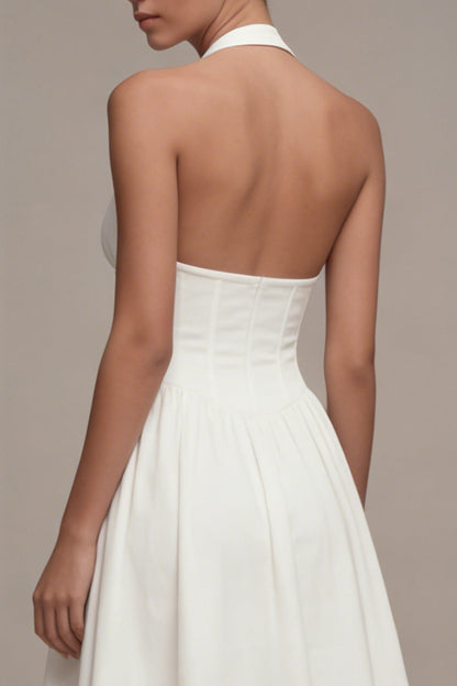 A Line Halter Midi Corset White Beach Wedding Dress