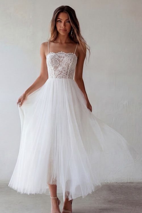 Floral A Line Maxi White Beach Wedding Dress with Lace