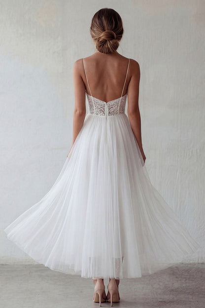 Floral A Line Maxi White Beach Wedding Dress with Lace