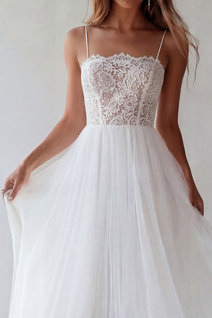 Floral A Line Maxi White Beach Wedding Dress with Lace
