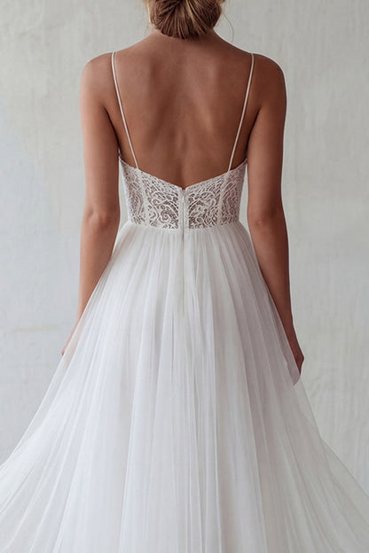 Floral A Line Maxi White Beach Wedding Dress with Lace