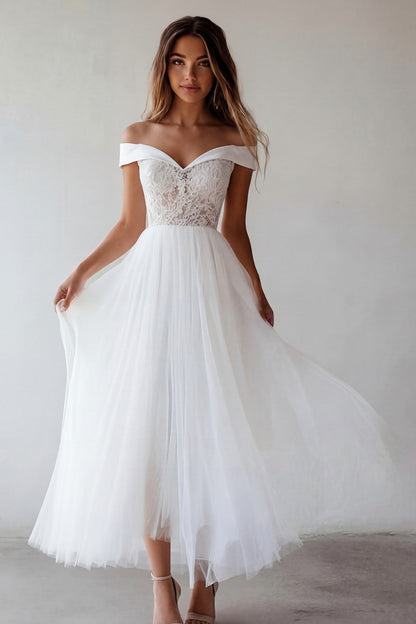 A Line Floral White Maxi Beach Wedding Dress with Lace