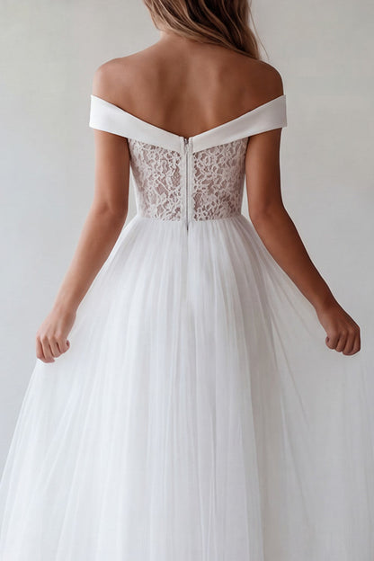 A Line Floral White Maxi Beach Wedding Dress with Lace