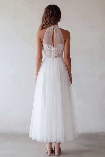 White A Line Maxi Floral Beach Wedding Dress with Lace