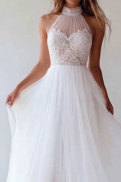 White A Line Maxi Floral Beach Wedding Dress with Lace
