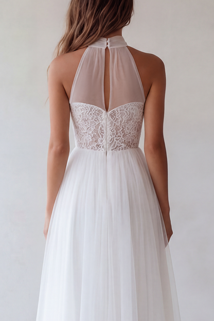 White A Line Maxi Floral Beach Wedding Dress with Lace