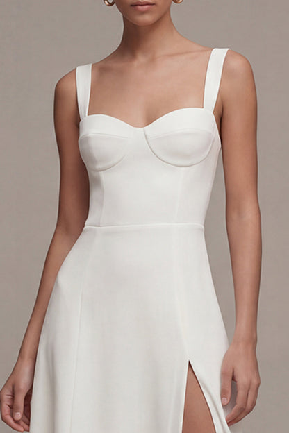 A Line Maxi Ivory Thick Straps Beach Wedding Dress with Slit
