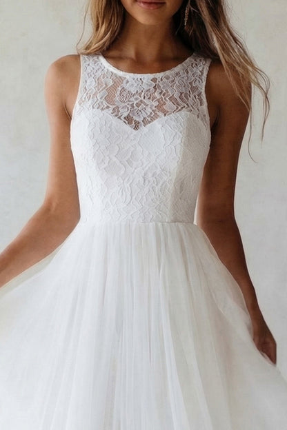 White A Line Floral Maxi Lace Boho Wedding Dress