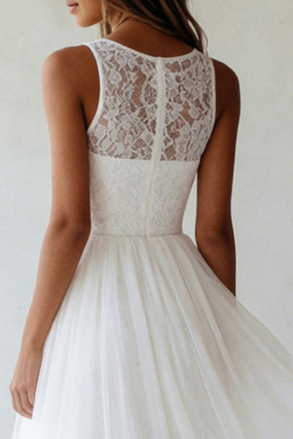 White A Line Floral Maxi Lace Boho Wedding Dress