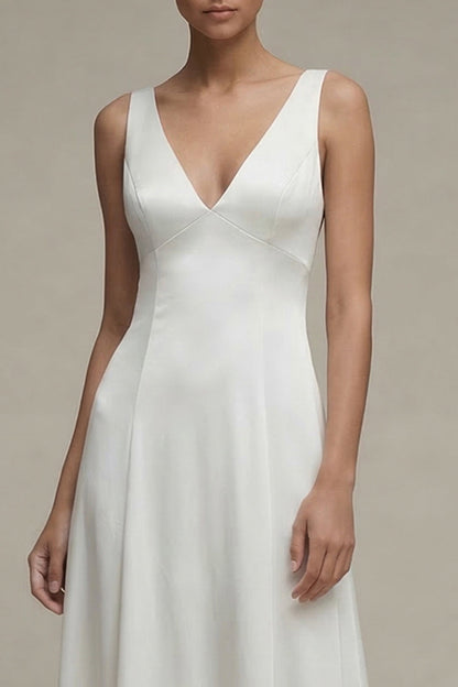 Simple A Line White V-Neck Maxi Beach Wedding Dress