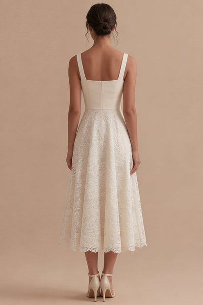 Square Neck Ivory Floral A Line Maxi Boho Lace Wedding Dress
