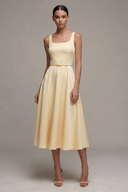Simple Ivory A Line Square Neck Maxi Beach Wedding Dress with Belt