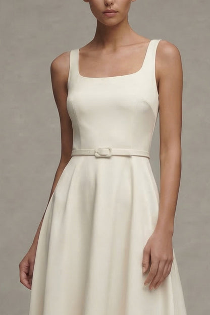 Simple Ivory A Line Square Neck Maxi Beach Wedding Dress with Belt