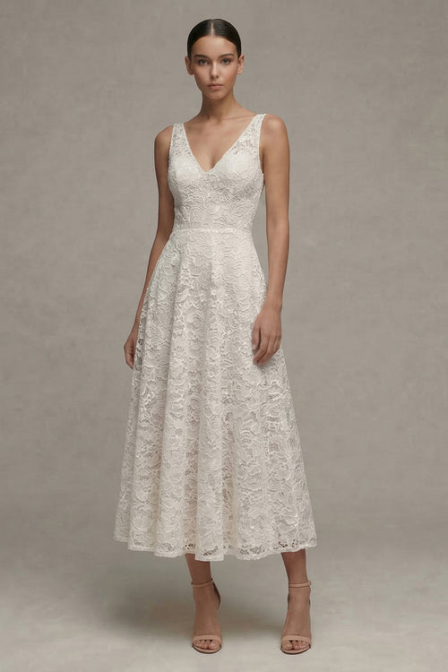 Floral V-Neck Ivory A Line Maxi Boho Lace Wedding Dress
