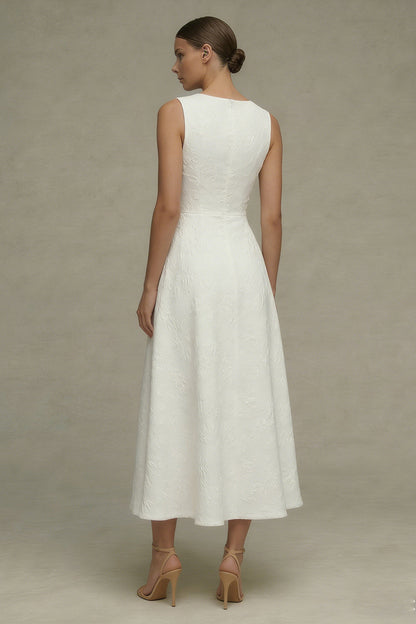 Floral Round Neck Maxi White A Line Boho Wedding Dress