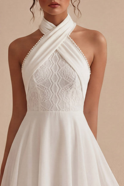 A Line Short Halter Neck Backless White Graduation Dress with Lace