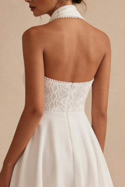 A Line Short Halter Neck Backless White Graduation Dress with Lace