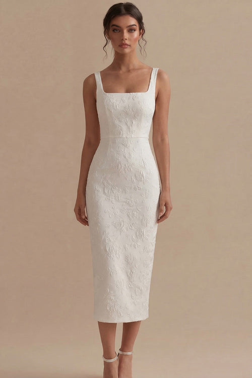 Floral Square Neck White Bodycon Maxi Beach Wedding Dress