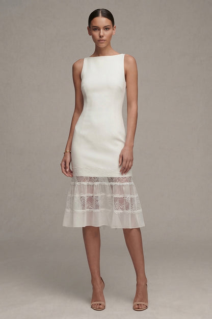 Bateau Neck Midi White Bodycon Graduation Dress