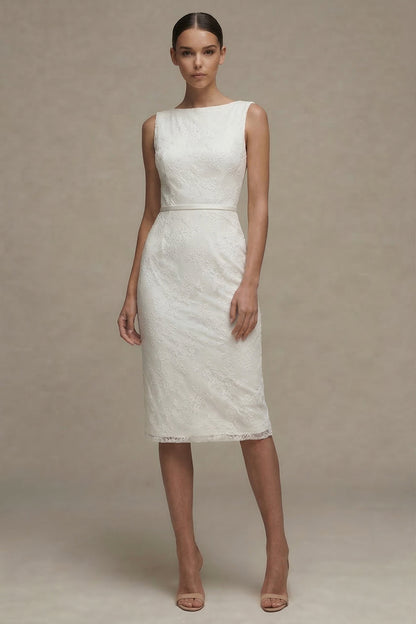 Bodycon Floral Bateau Neck Midi White Boho Wedding Dress