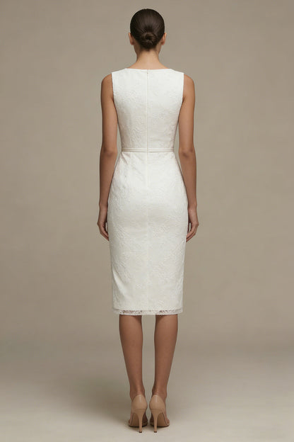 Bodycon Floral Bateau Neck Midi White Boho Wedding Dress