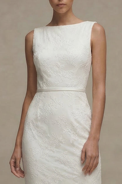 Bodycon Floral Bateau Neck Midi White Boho Wedding Dress