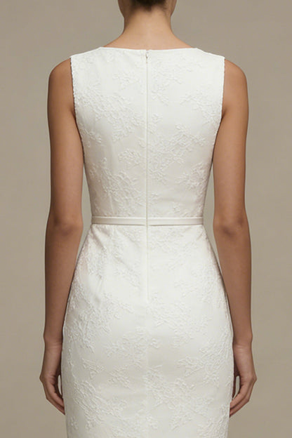 Bodycon Floral Bateau Neck Midi White Boho Wedding Dress
