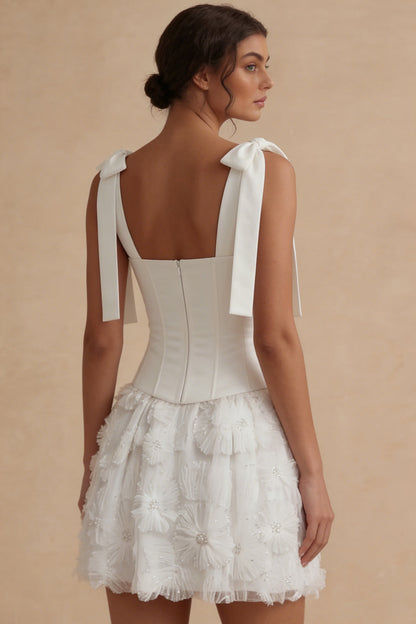 Corset Beaded A Line Floral Short White Wedding Dress with Bow