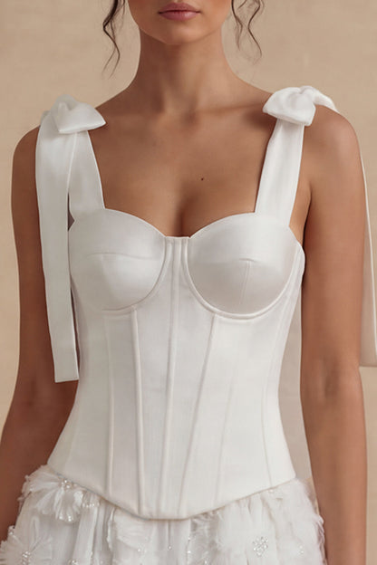 Corset Beaded A Line Floral Short White Wedding Dress with Bow
