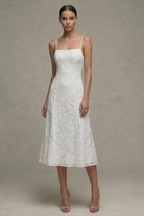 A Line Floral Spaghetti Straps Midi White Boho Wedding Dress
