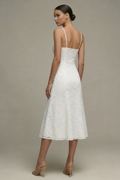 A Line Floral Spaghetti Straps Midi White Boho Wedding Dress