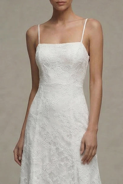 A Line Floral Spaghetti Straps Midi White Boho Wedding Dress