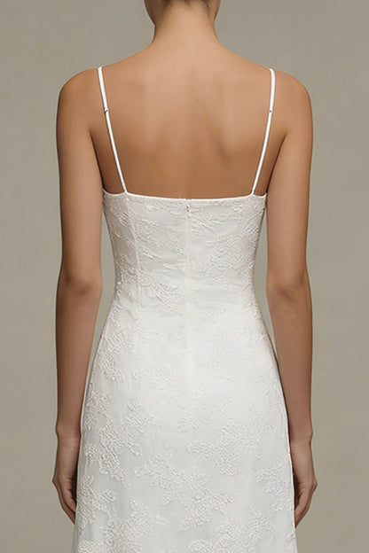 A Line Floral Spaghetti Straps Midi White Boho Wedding Dress