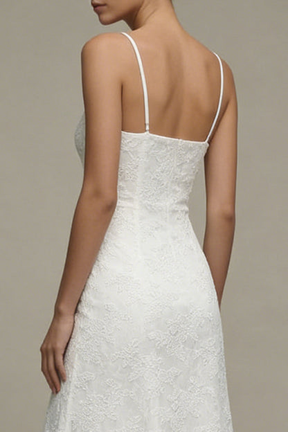 A Line Floral Spaghetti Straps Midi White Boho Wedding Dress
