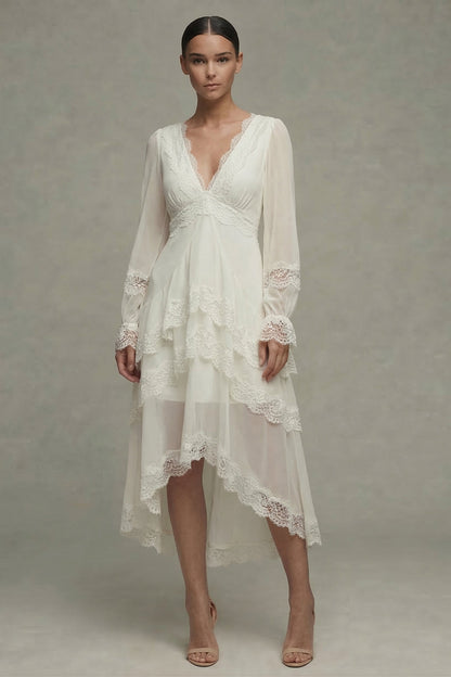 White A Line V-Neck Asymmetrical Ruffled Beach Wedding Dress with Lace