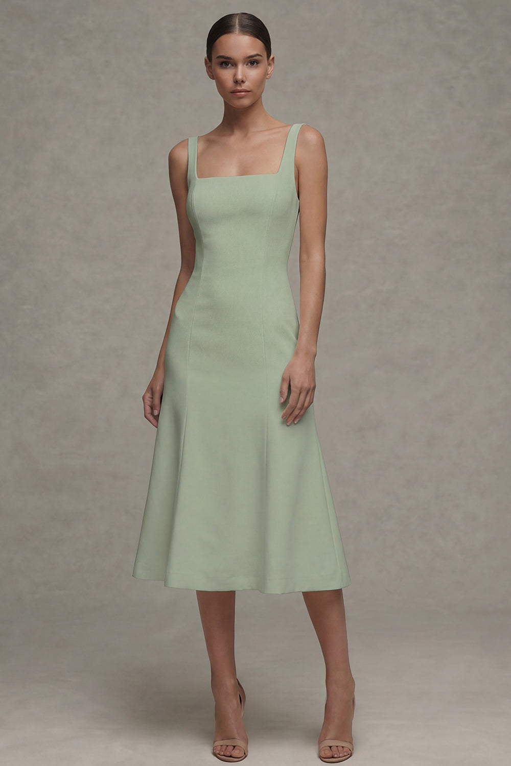 Square Neck Midi White A Line Beach Wedding Dress