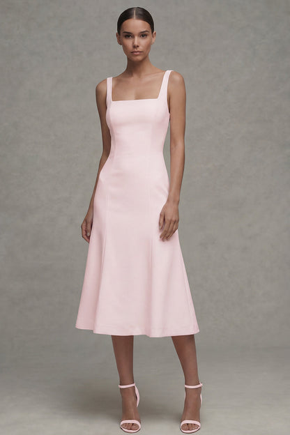 Square Neck Midi White A Line Beach Wedding Dress