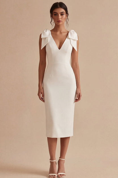 Bodycon Midi V-Neck White Beach Wedding Dress with Bow