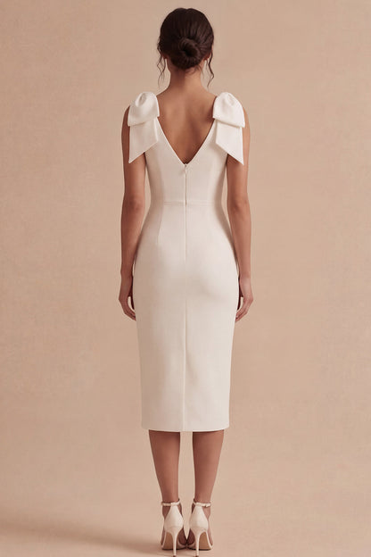 Bodycon Midi V-Neck White Beach Wedding Dress with Bow