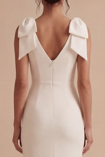 Bodycon Midi V-Neck White Beach Wedding Dress with Bow