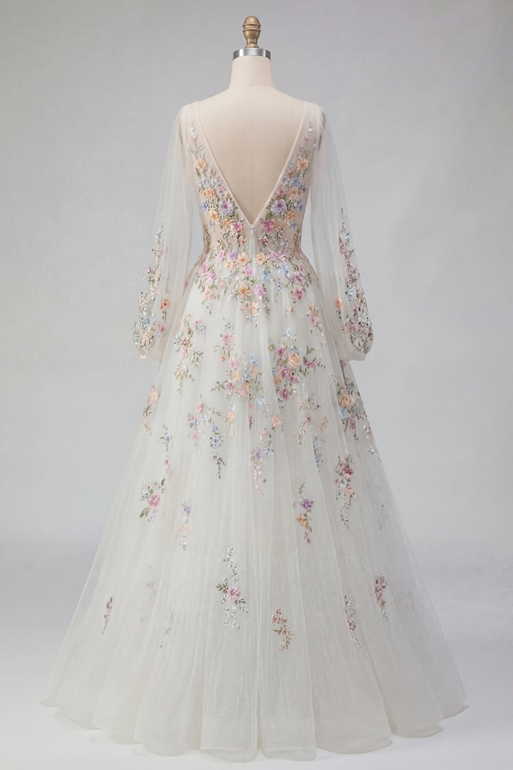 Long Sleeves Floral Ruched V-Neck White A Line Floor Length Wedding Dress