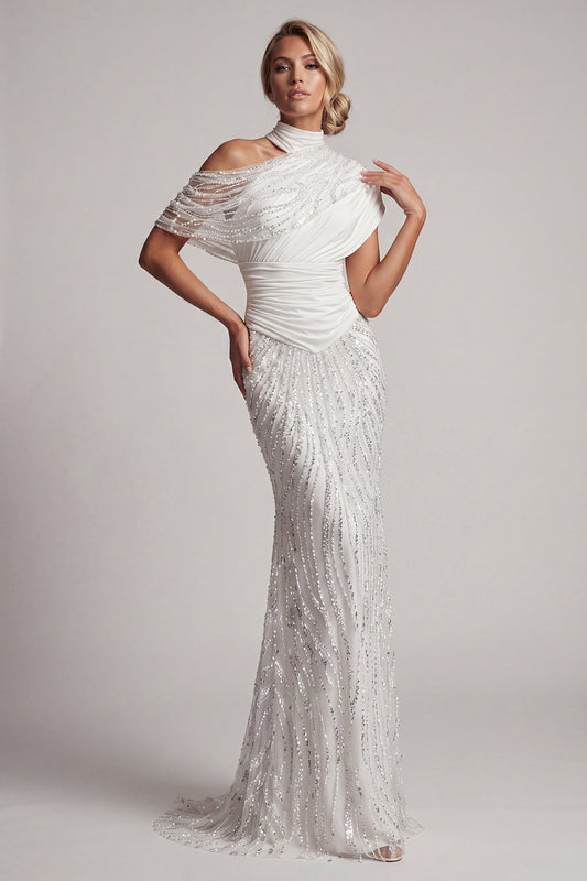 Long Sparkly White Beaded Mermaid Ruched Mother of the Bride Dress
